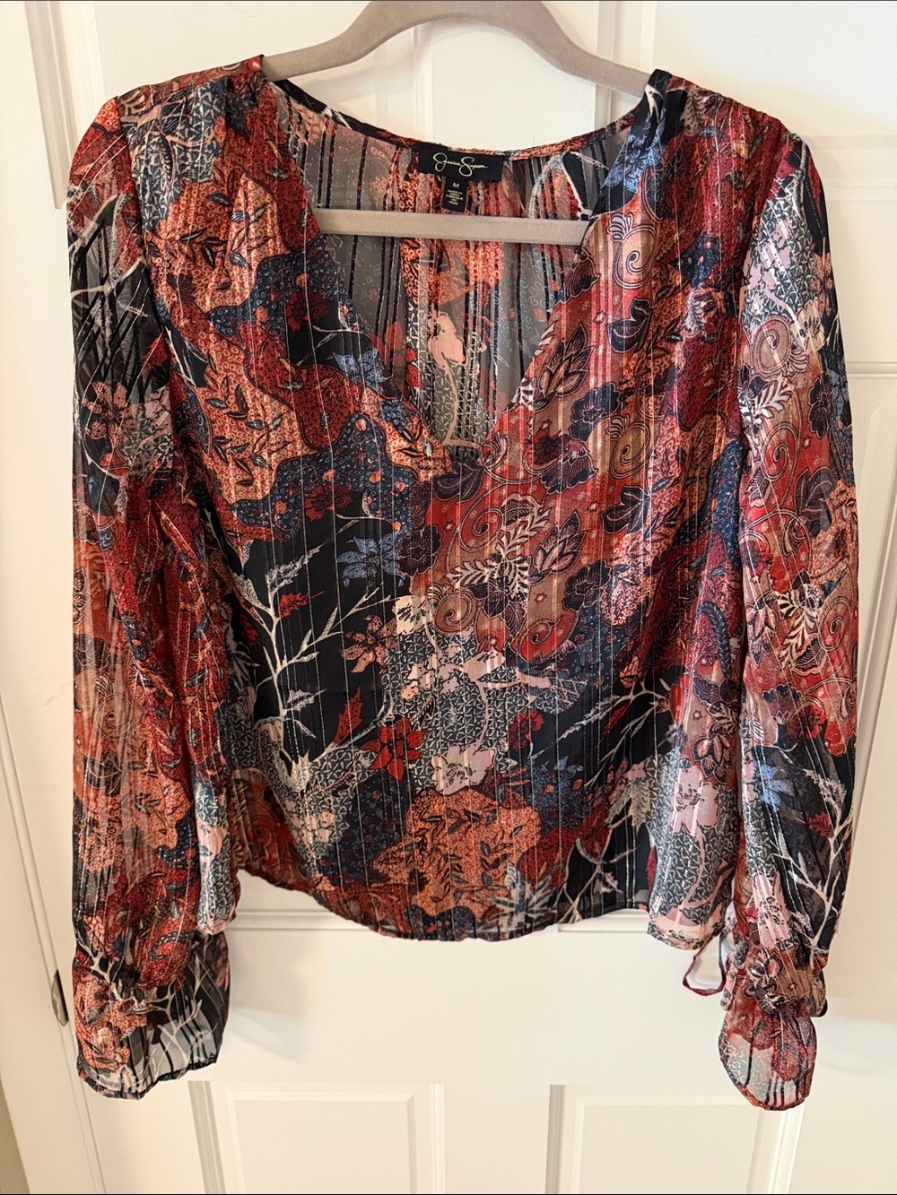 Jessica Simpson Aurora Boho Metallic V-Neck Sheer Floral Blouse Fall Size Medium